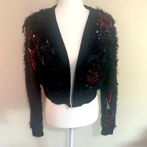 Free People Open Front Cropped Fluffy Floral Appliqe Cardigan